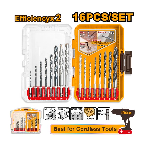16 Pcs metal, masonry and wood drill bits set - P6C12 | AKDL11608 Ingco - Ghana
