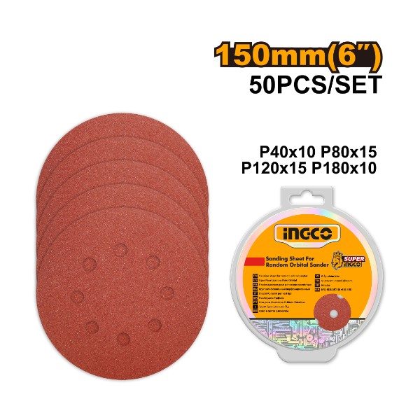 Sanding sheet 50pcs set for random orbital sander 150mm - P10C20 | AKRS1500511 Ingco - Ghana