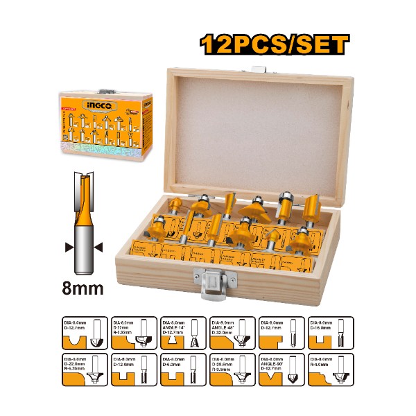12pcs Router Bits Set (8mm) AKRT1211 Ingco - Ghana