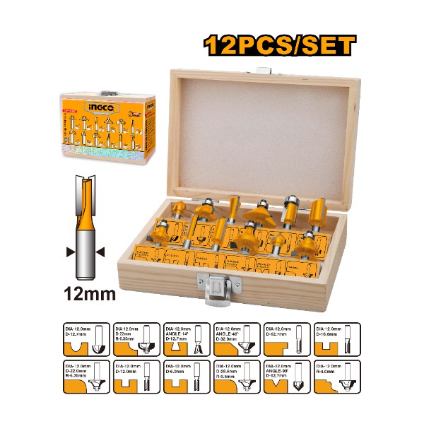 12pcs Router Bits Set (12mm) AKRT1221 Ingco - Ghana