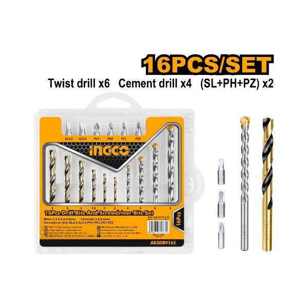 16PCS Drill Bits & Setscrewdriver Bits Set AKSDB9165 (packed 20sets) Ingco - Ghana