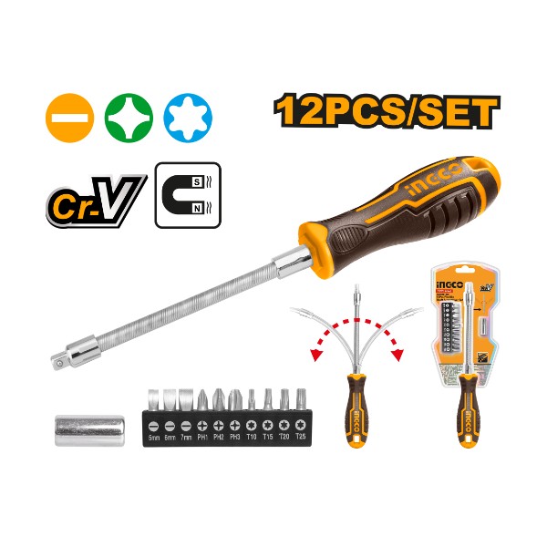 12 Pcs Flexible shaft screwdriver set - P12C48 | AKSDFL1208 Ingco - Ghana