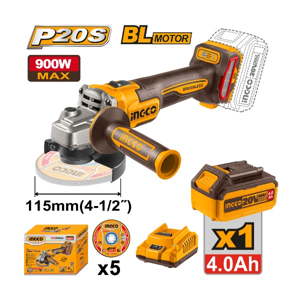 Cordless angle grinder 20V 900W 4.5" +
Battery - P1C6 | CAGLI261521 Ingco - Ghana