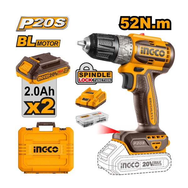 Brushless cordless drill 20V 52Nm + 2 Battery
- P1C5 | CDLI20453 Ingco - Ghana