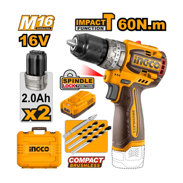 Cordless Impact Drill 16V 60Nm + 2 Battery
- P1C5 | CIDLI16682 Ingco - Ghana