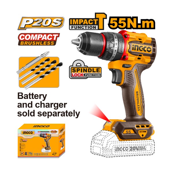 Cordless Impact Drill 20V 55Nm - P1C5 | CIDLI205581 Ingco - Ghana
