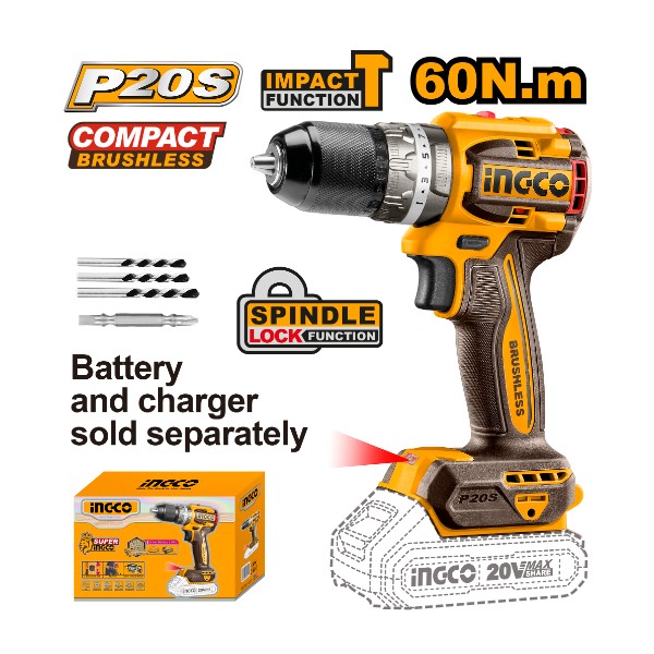 Compact Brushless Cordless Impact Drill 20V 60Nm - P1C5 | CIDLI206021 Ingco - Ghana