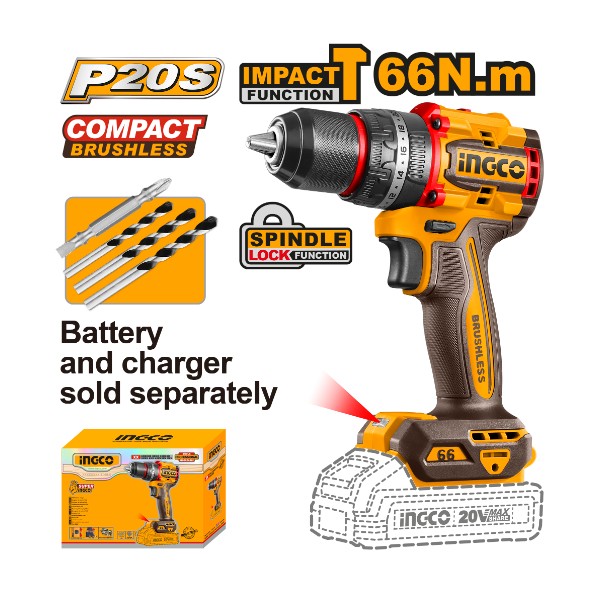 Cordless Impact Drill 20V 66Nm - P1C5 | CIDLI206681 Ingco - Ghana