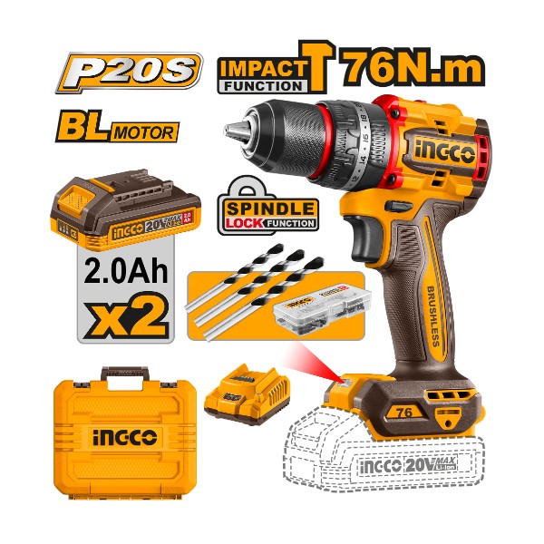 Cordless Impact Drill 20V 76Nm + 2 Battery
- P1C5 | CIDLI20768 Ingco - Ghana