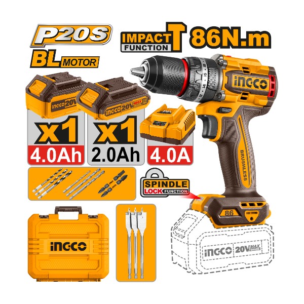 Cordless impact drill 20V 86Nm + 2 Battery
- P1C5 | CIDLI20868 Ingco - Ghana