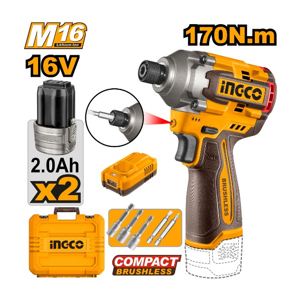 Cordless impact driver 16V 170Nm + 2 Battery | CIRLI16178 Ingco - Ghana