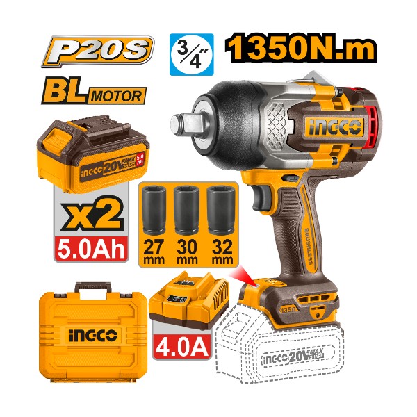 Cordless impact wrench 20V 1350Nm + 2 Battery - P1C2 | CIWLI20135 Ingco - Ghana