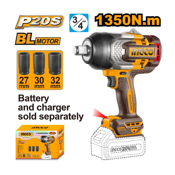 Cordless impact wrench 20V 1350Nm - P1C4 | CIWLI201351 Ingco - Ghana