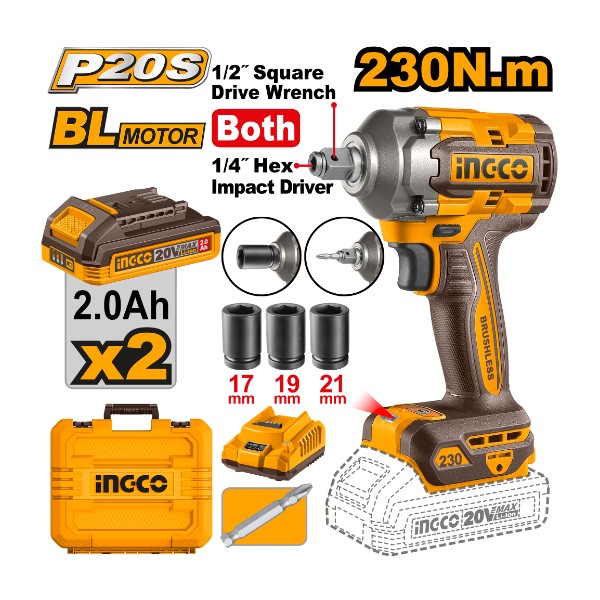 Cordless impact driver and wrench 2 in 1 20V 230Nm + 2 battery - P1C5 | CIWLI20236 Ingco - Ghana