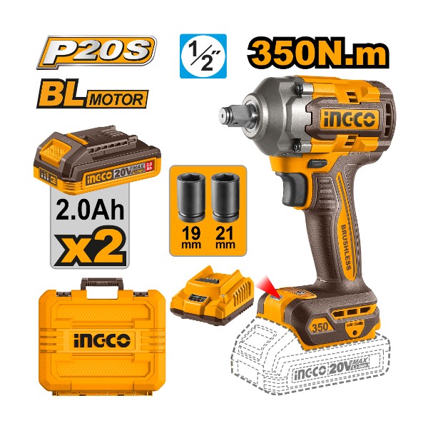 Cordless impact wrench 20V 350Nm + 2 Battery - P1C5 | CIWLI2035 Ingco - Ghana