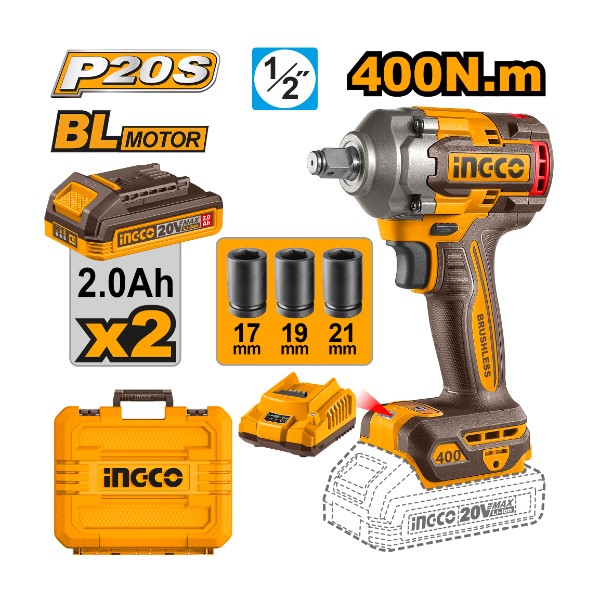 Cordless impact wrench 20V 400Nm + 2 Battery - P1C5 | CIWLI2040 Ingco - Ghana