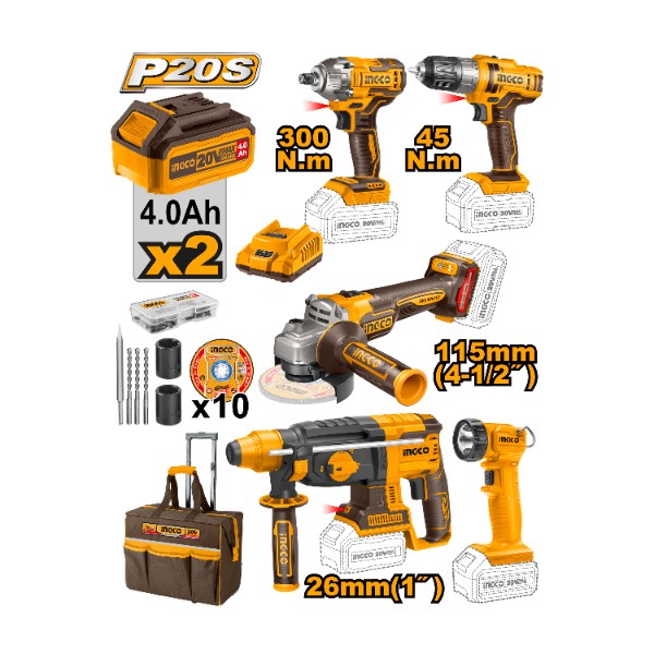 5 Pcs Cordless industrial combo kit 20V + 2 Battery - P1 | CKLI2019 Ingco - Ghana
