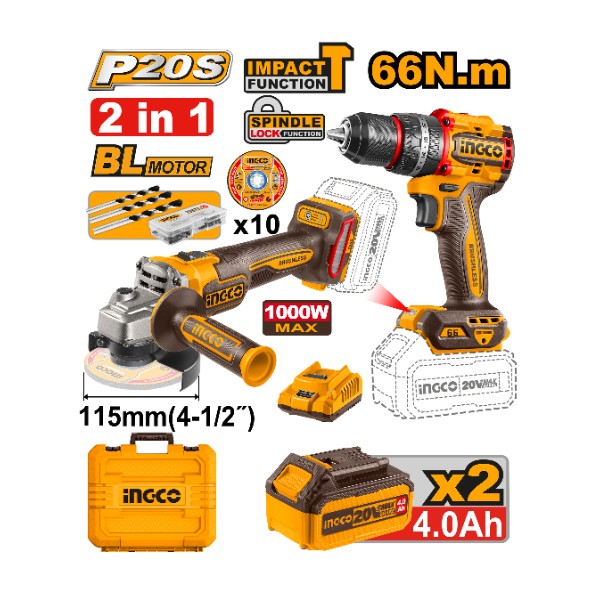 Cordless impact drill + angle grinder 20V + 2 Battery | CKLI20273 Ingco - Ghana