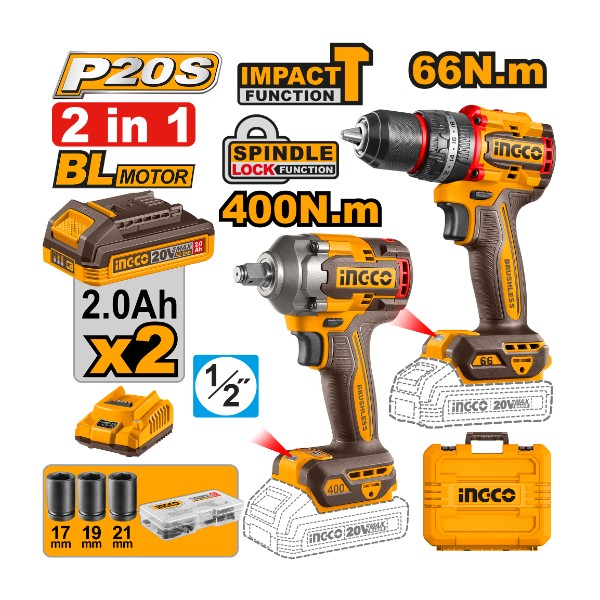 Cordless 20V impact drill 66Nm + impact wrench 400Nm + 2 Battery - P1C4 | CKLI20275 Ingco - Ghana