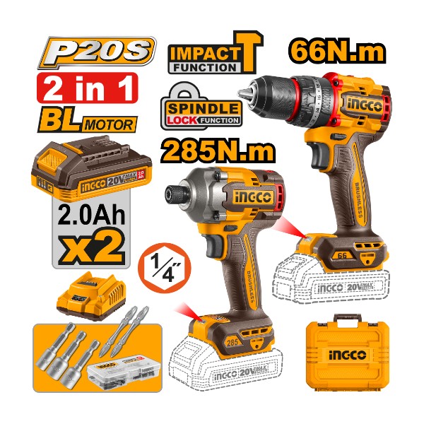 Cordless 20V impact drill 66Nm + impact driver 285Nm + 2 Battery - P1C4 | CKLI20277 Ingco - Ghana