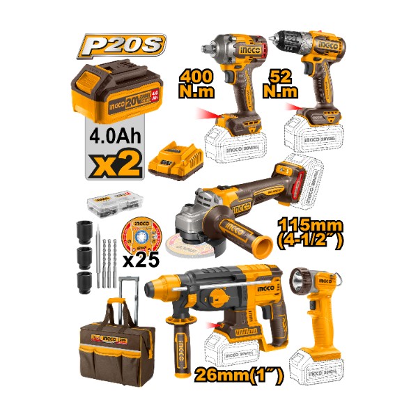 5 Pcs Cordless industrial combo kit 20V + 2 Battery - P1C1 | CKLI2058 Ingco - Ghana