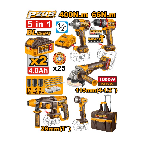 5 Pcs Cordless 20V industrial combo kit - P1C1 | CKLI2059 Ingco - Ghana