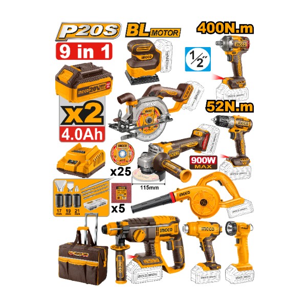 9 Pcs cordless industrial combo kit 20V | CKLI2098 Ingco - Ghana