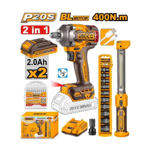 Cordless Impact Wrench 20V 400Nm + 2 Battery + Socket Set + Work Lamp | COSLI23048 Ingco - Ghana