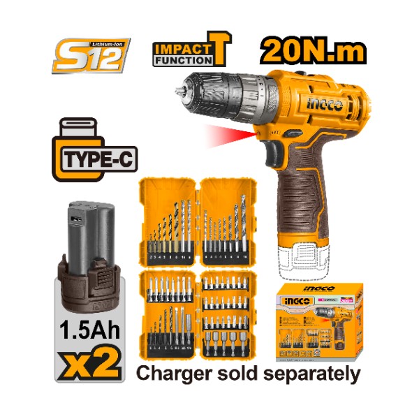 Cordless impact drill 12V + 2 Battery + Accessories - P1C8 | COSLI23114 Ingco - Ghana