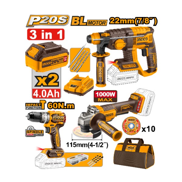 Cordless Rotary Hammer + Impact drill+ angle grinder 20v + 2 Battery | COSLI240202 Ingco - Ghana