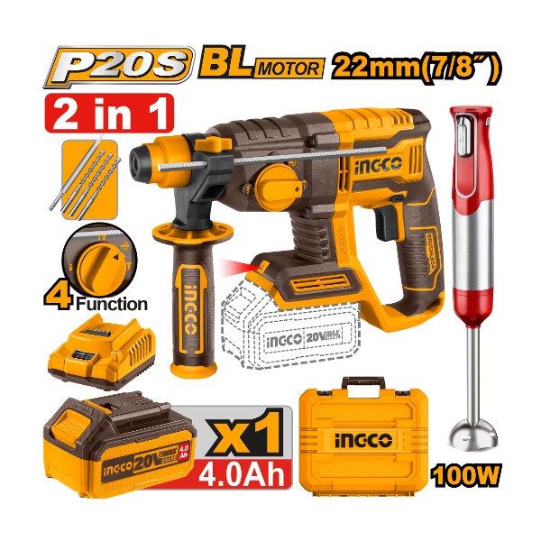 Cordless rotary hammer 20V 22mm + Battery + Hand Blender 11V | COSLI240208 Ingco - Ghana