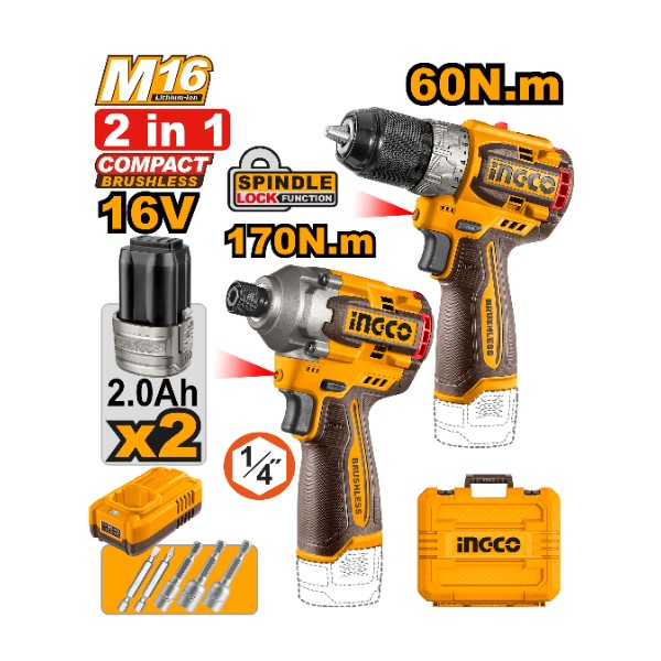 Cordless drill 60Nm + Impact Driver 170Nm 16V + 2 Battery - P1C4 | COSLI240968 Ingco - Ghana