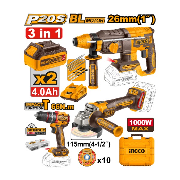 20V Cordless Impact Drill 66Nm + Rotary Hammer 26mm + Angle Grinder 4.5" 1000W - P1C2 | COSLI241198 Ingco - Ghana