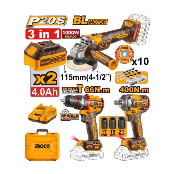 Cordless 20V 3 pcs combo kit - P1C2 | COSLI241291 Ingco - Ghana