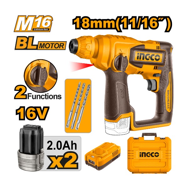Cordless rotary hammer 16V 18mm + 2 Battery - P1C4 | CRHLI16168 Ingco - Ghana