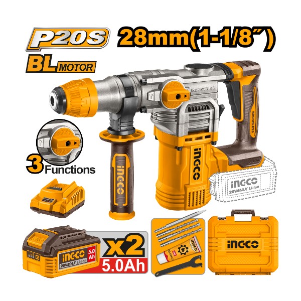 Cordless rotary hammer 20V 28mm + 2 Battery - P1C2 | CRHLI202885 Ingco - Ghana