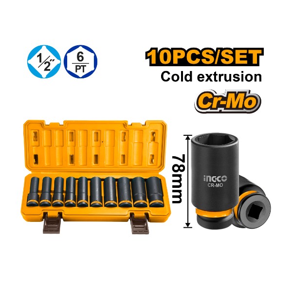 10PCS 1/2" Deep Impact Socket Set HKISSD12102L Ingco - Ghana