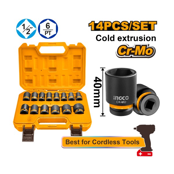 14 Pcs 1/2"DR. Impact socket set - P1C8 | HKISSD12141 Ingco - Ghana