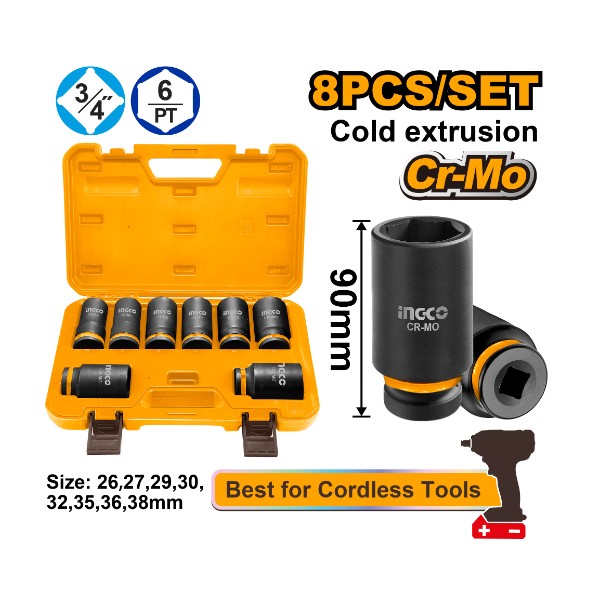 8 Pcs 3/4"DR. deep impact socket set - P1C2 | HKISSD34082L Ingco - Ghana