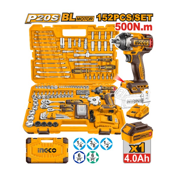 152 Pcs Cordless impact wrench 20V 500Nm + Battery tools set - P1C1 | HKTHP31521 Ingco - Ghana