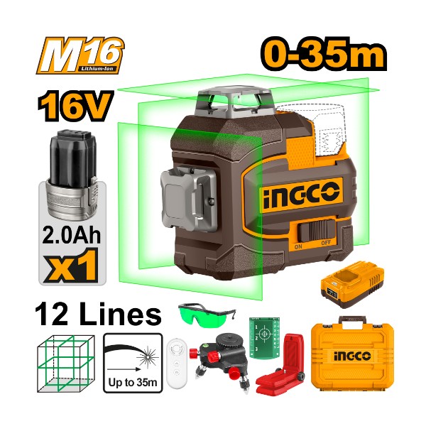 Cordless 3D laser level green 16V 35m 12 lines + Battery - P1C4 | HLL301201 Ingco - Ghana