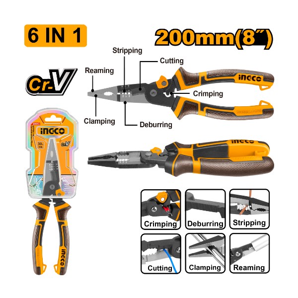 6-in-1 Multi-function long nose pliers 8" | HMFLNP28200 Ingco - Ghana