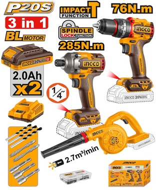 Cordless 20V Impact Drill 76Nm + Impact Driver 285Nm + Blower + 2 Battery